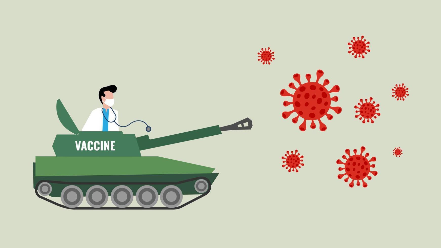 manlig läkare som bär medicinsk mask bekämpa viruspartiklar med militär tank vektor tecknad illustration