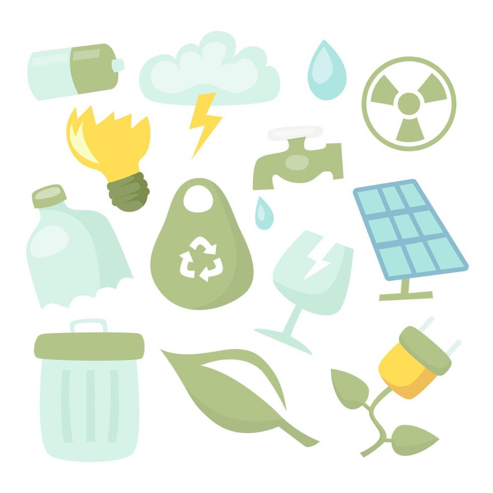 miljövänlig, spara energi, miljö förnybar symbol klistermärke ClipArt med miljöbil, papperspåse, glödlampa och kvarn. vektor