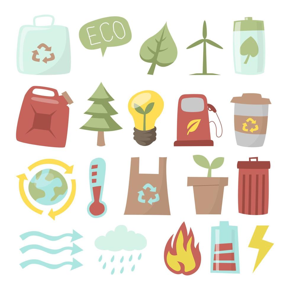 umweltfreundlich, energiesparend, umwelterneuerbare symbolaufkleber clipart mit grünem auto, papiertüte, birne und mühle. vektor