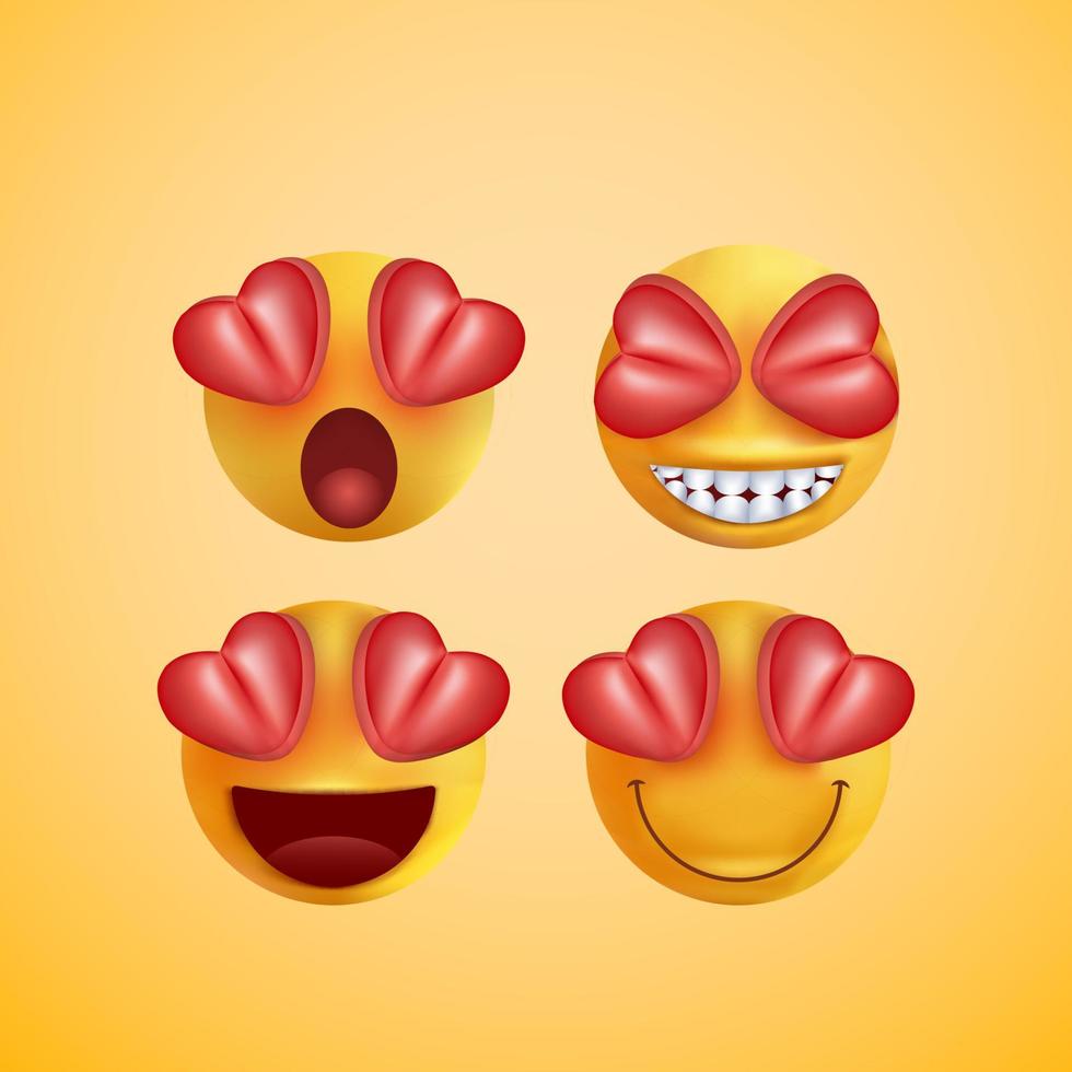 Emojis und Emoticons stellen Vektorsatz dar. Emoticon von niedlichen gelben Gesichtern beim Küssen, Verlieben, Weinen, Überraschung und glücklichen Gesichtsausdrücken einzeln auf weißem Hintergrund. Vektor-Illustration. vektor