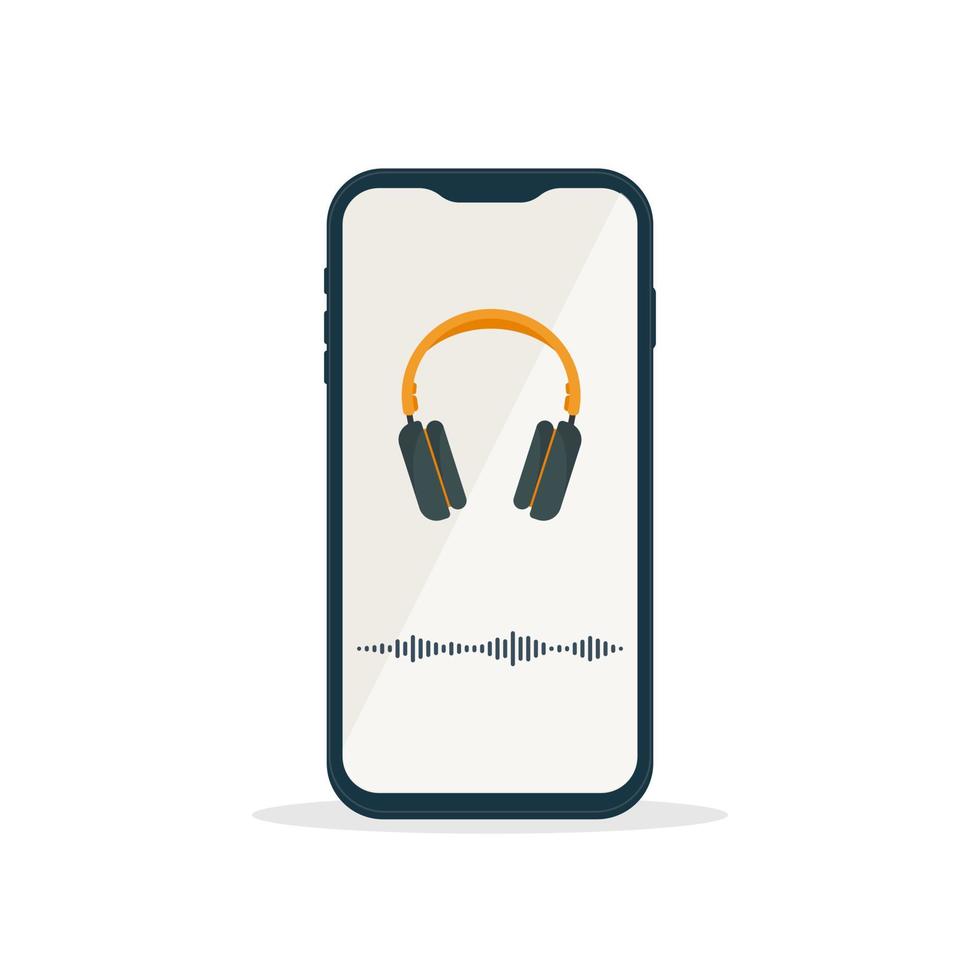 Handy mit Kopfhörern und Tonspur. Telefon zum Hören von Musik und Podcasts. vektor