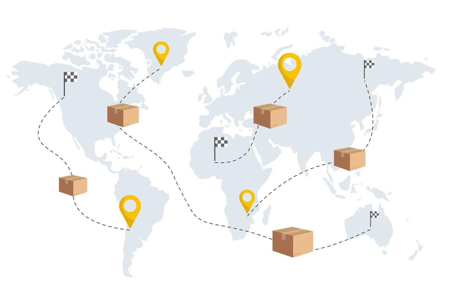 globalt logistiknätverk. världsomspännande frakt med flyg- och sjöfrakt. världskarta med last i rörelse. vektor