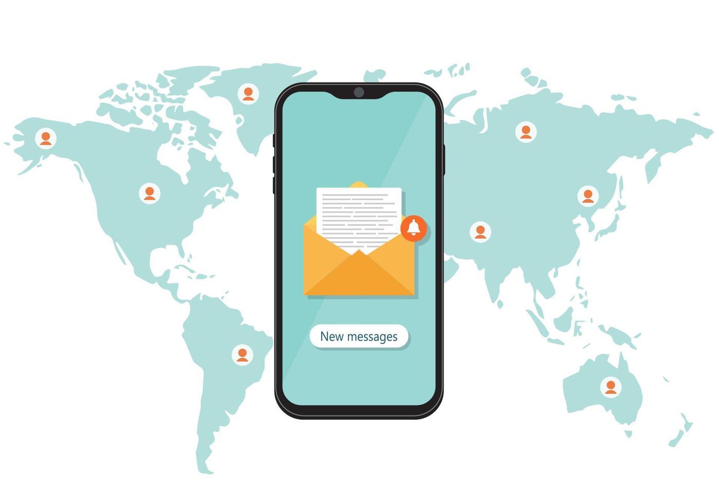 die Welt chatten. Weltkarte. Messaging mit der ganzen Welt über soziale Netzwerke. handybildschirm mit neuer benachrichtigung. vektor