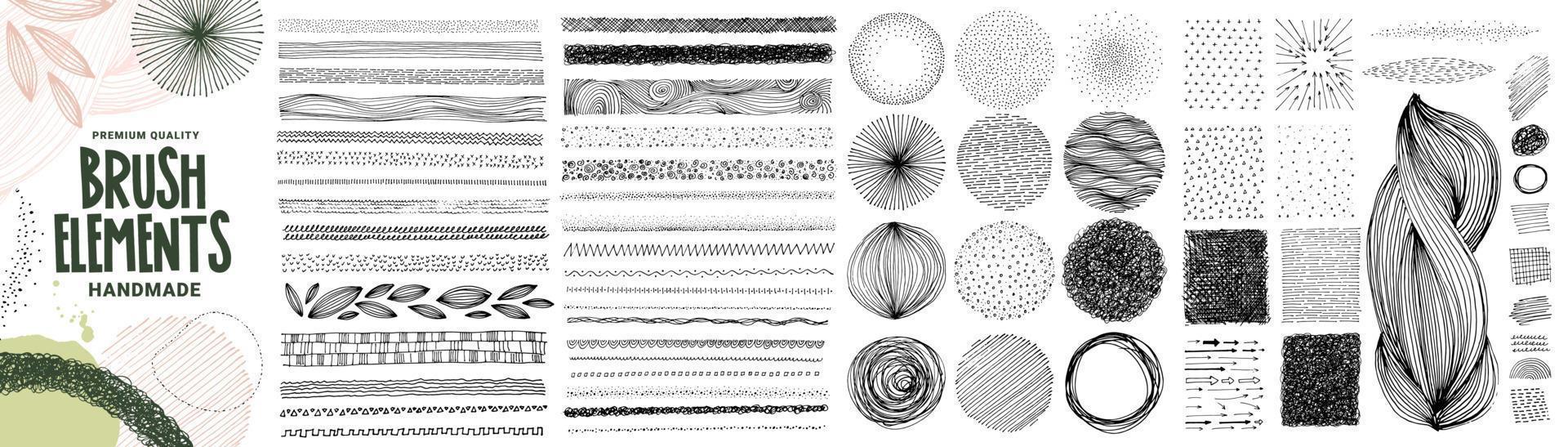 uppsättning handritade borstelement, texturer och mönster och grafiska element. vektor illustration koncept för grafisk och webbdesign, förpackningsdesign, marknadsföringsmaterial.