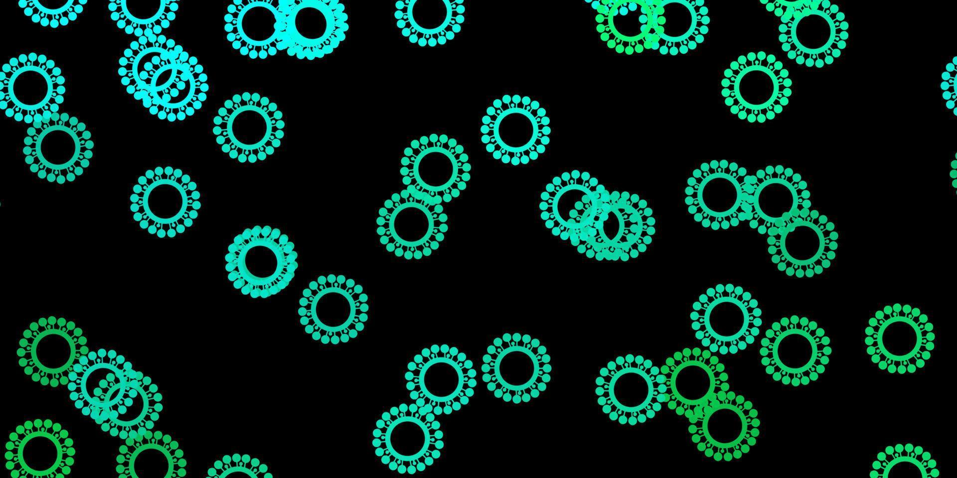 mörkgrön vektorbakgrund med covid-19 symboler. vektor