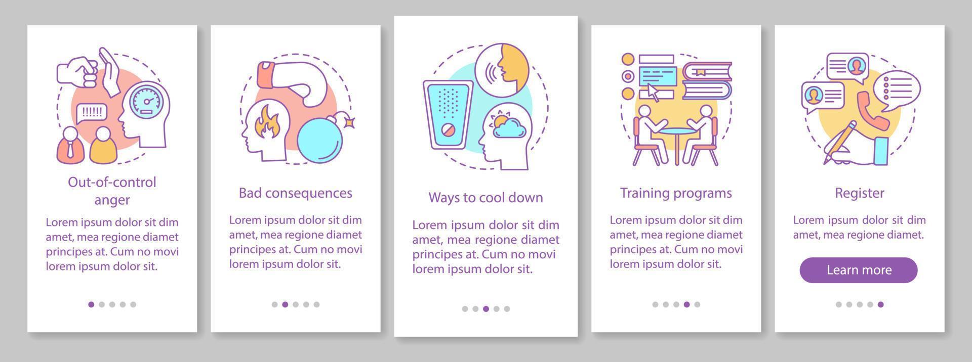 ilska hantering onboarding mobil app sida skärm vektor mall. stressavlastning. känslokontroll. konsultation med psykolog. genomgång av webbplatsens steg. ux, ui, gui smartphone-gränssnitt