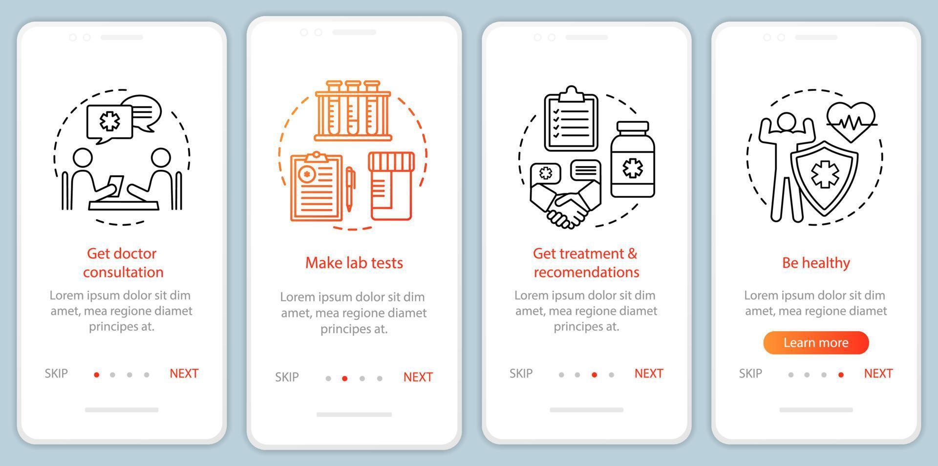 gesundheitsscreening beim onboarding auf der mobilen app-seite mit linearen konzepten. Lassen Sie sich von einem Arzt beraten, führen Sie die Schritte zur Behandlung durch und führen Sie eine grafische Anleitung durch. ux, ui, gui-vektorvorlage mit illustrationen vektor