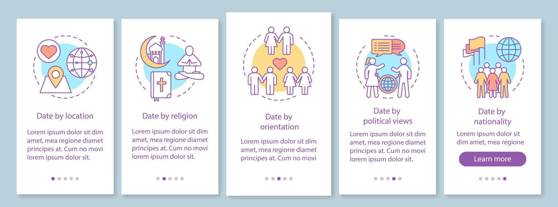 Nischen-Dating-App bietet Onboarding-Bildschirmvektorvorlage für mobile Seiten. datum nach ort, religion, orientierung, politische ansichten, nationalität lineare illustrationen. ux, ui, gui-smartphone-schnittstelle vektor