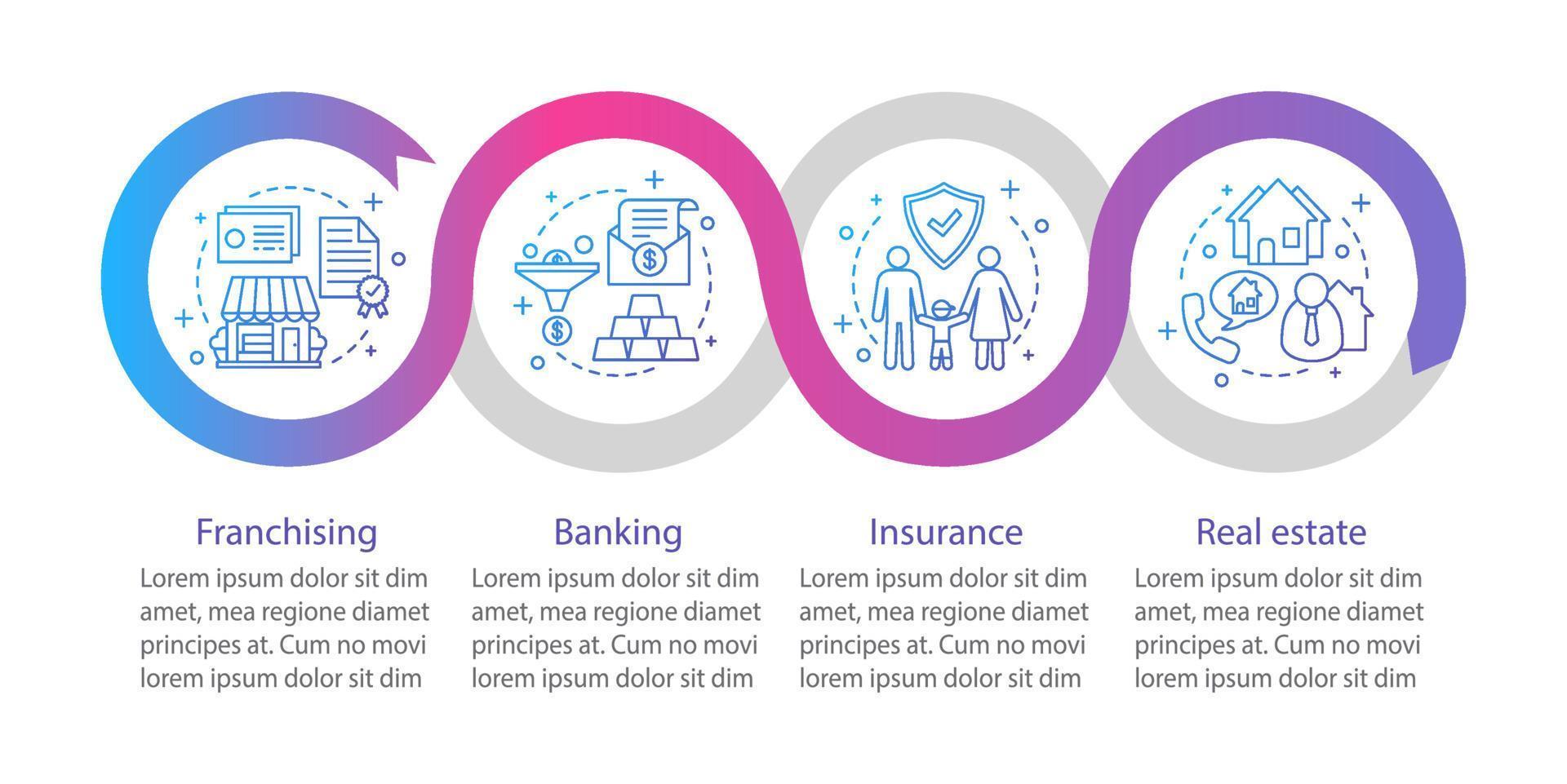 Versicherungsvektor-Infografik-Vorlage. Investition. Finanzen. Banken, Franchising, Immobilien. Datenvisualisierung mit vier Schritten und Optionen. Zeitachsendiagramm des Prozesses. Workflow-Layout mit Symbolen vektor