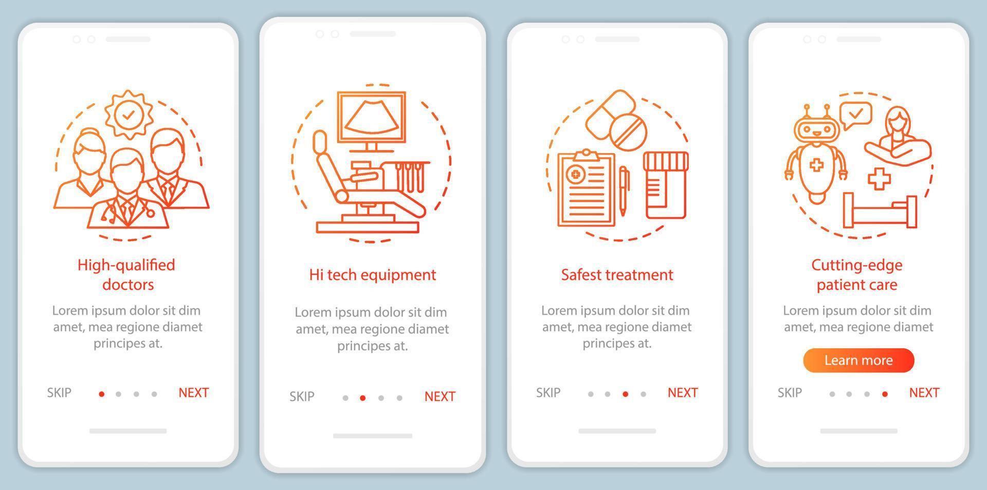 Vorteile des medizinischen Dienstes beim Onboarding auf dem Seitenbildschirm der mobilen App mit linearen Konzepten. qualifizierte ärzte, schritte zur behandlung, grafische anweisungen. ux, ui, gui-vektorvorlage mit illustrationen vektor