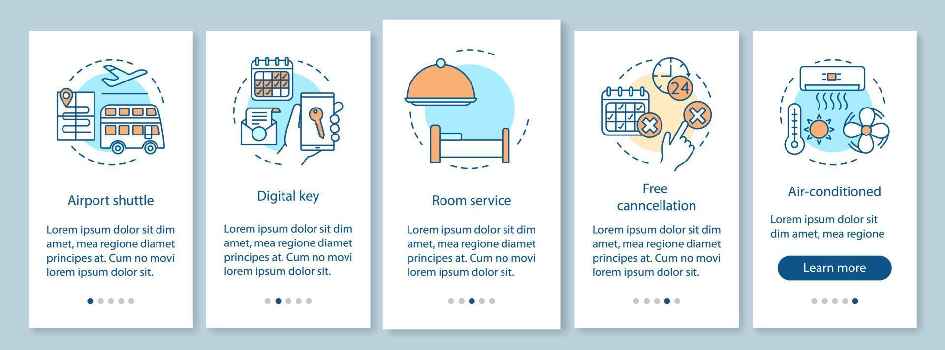 hotelannehmlichkeiten beim onboarding des mobilen app-seitenbildschirms mit linearen konzepten. Wohnung buchen. Flughafen-Shuttle, digitale Schlüssel-Walkthrough-Grafikanweisungen. ux, ui, gui-vektorvorlage mit illustrationen vektor