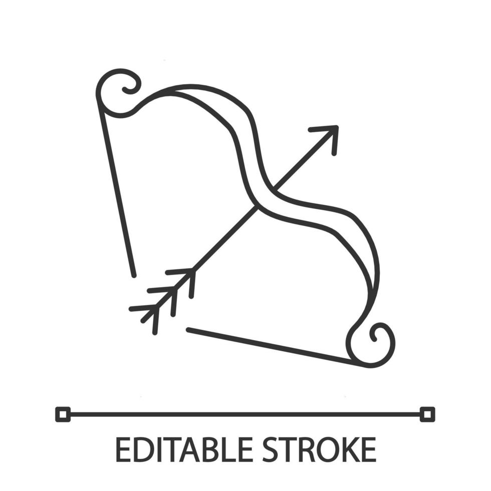 Pfeil und Bogen lineares Symbol. Emblem des Ritterturniers. mittelalterliches Kriegersymbol. Amor Bogen. Bogenschütze. dünne Liniendarstellung. Kontursymbol. Vektor isoliert Umrisszeichnung. editierbarer Strich