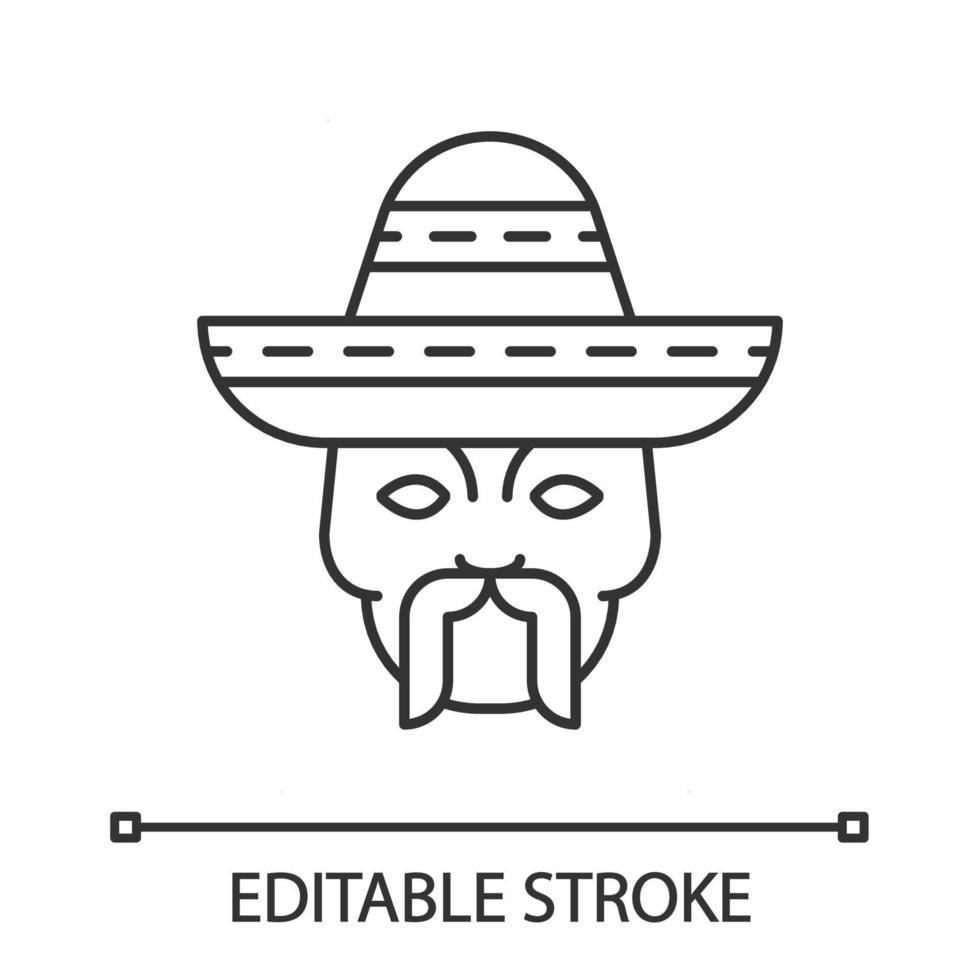 huvud med mustasch och sombrero linjär ikon. macho. traditionell mexikansk man. tunn linje illustration. kontur symbol. vektor isolerade konturritning. redigerbar linje