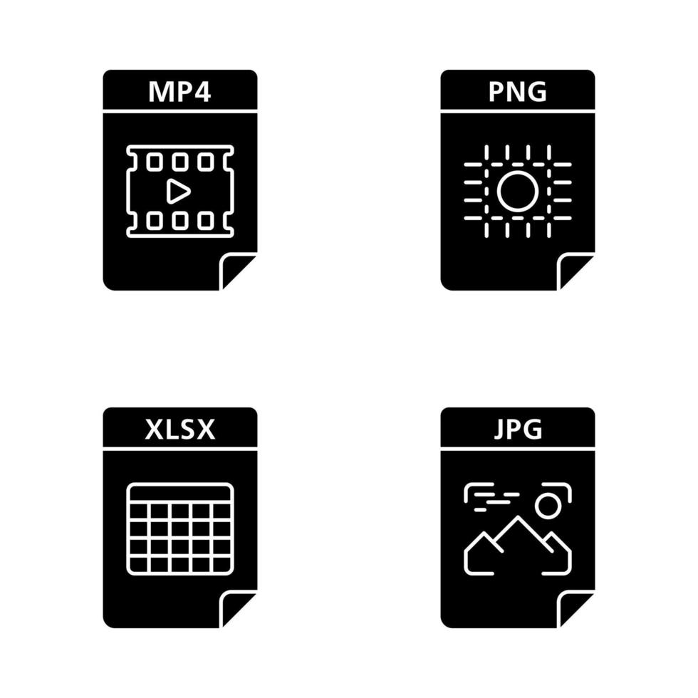 Dateien formatieren Glyphensymbole gesetzt. Multimedia-, Bild-, Tabellenkalkulationsdateien. mp4, png, xlsx, jpg. dünne Linienkontursymbole. isolierte vektorumrissillustrationen. editierbarer Strich vektor