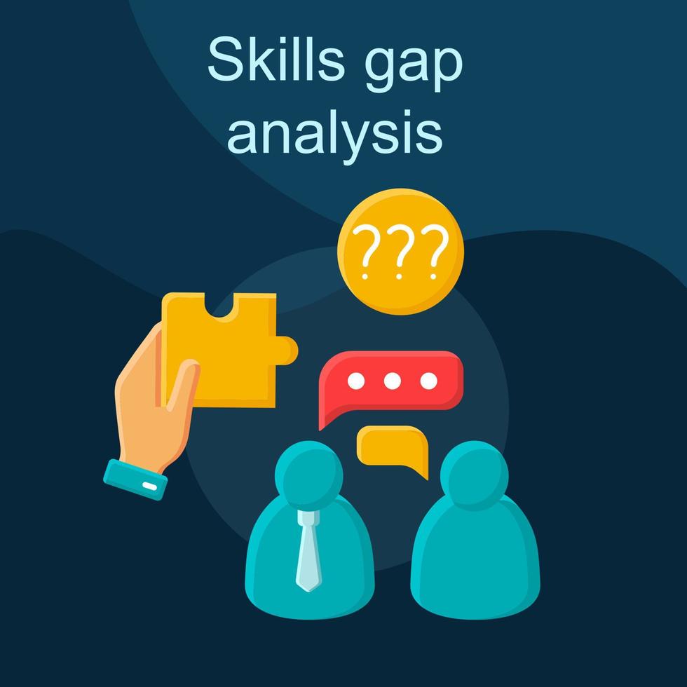 Skills Gap Analyse flaches Konzept Vektor Icon. Vorstellungsgespräch Idee Cartoon Farbillustrationen Set. Testaufgabe. Talentsuche. Rekrutierungsprozess. Mitarbeitercoaching. isoliertes Grafikdesign-Element