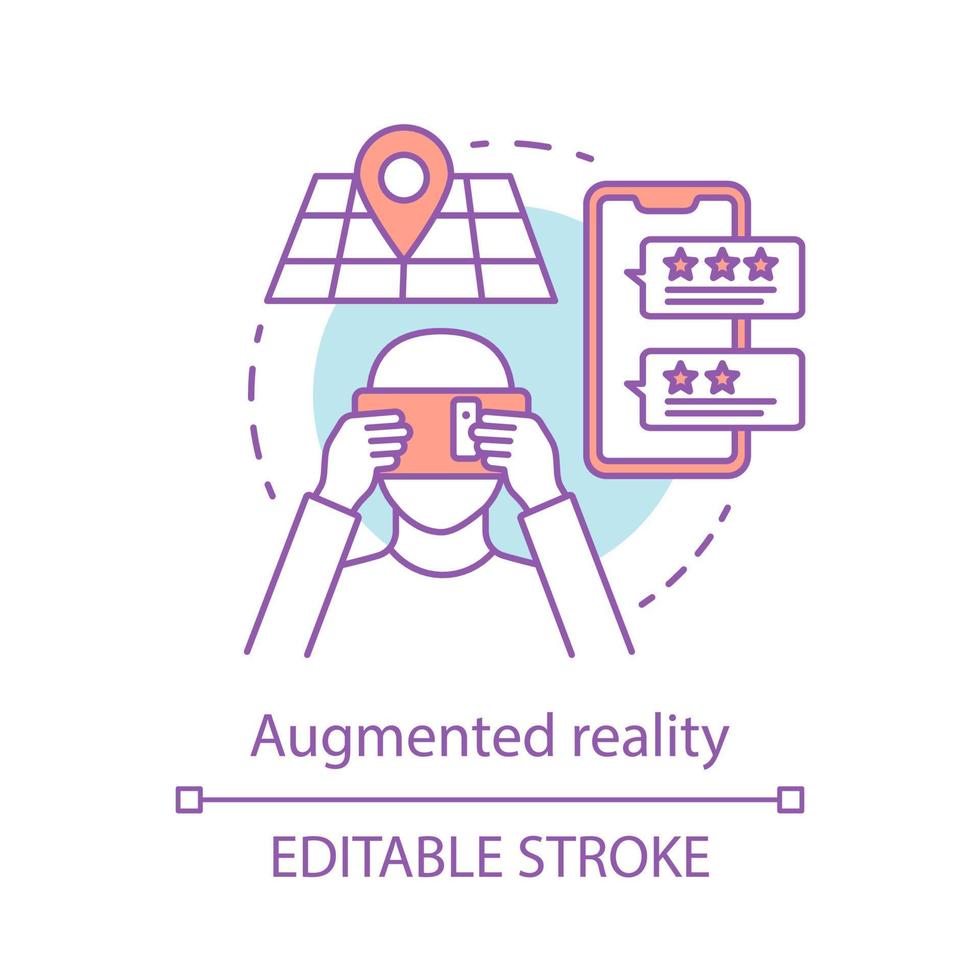 Augmented-Reality-Konzept-Symbol. ich bewerbe mich. E-Commerce über Virtual-Reality-Tools. Unterhaltung und Spiele. Mixed-Reality-Idee dünne Liniendarstellung. Vektor isoliert Umrisszeichnung. editierbarer Strich