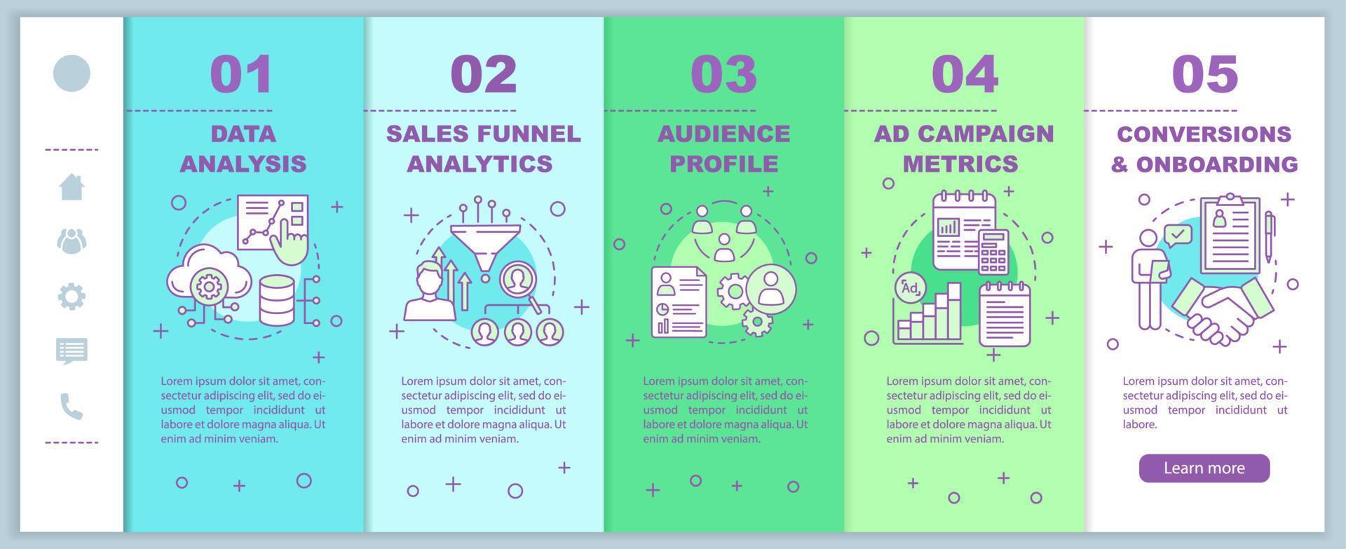 SMM-Kurse beim Onboarding mobiler Webseiten Vektorvorlage. Netz Analyse. Marketing. Anzeigen-Targeting-Optionen. reaktionsschnelle smartphone-website-schnittstellenidee. Webseiten-Walkthrough-Schrittbildschirme. Farbkonzept vektor