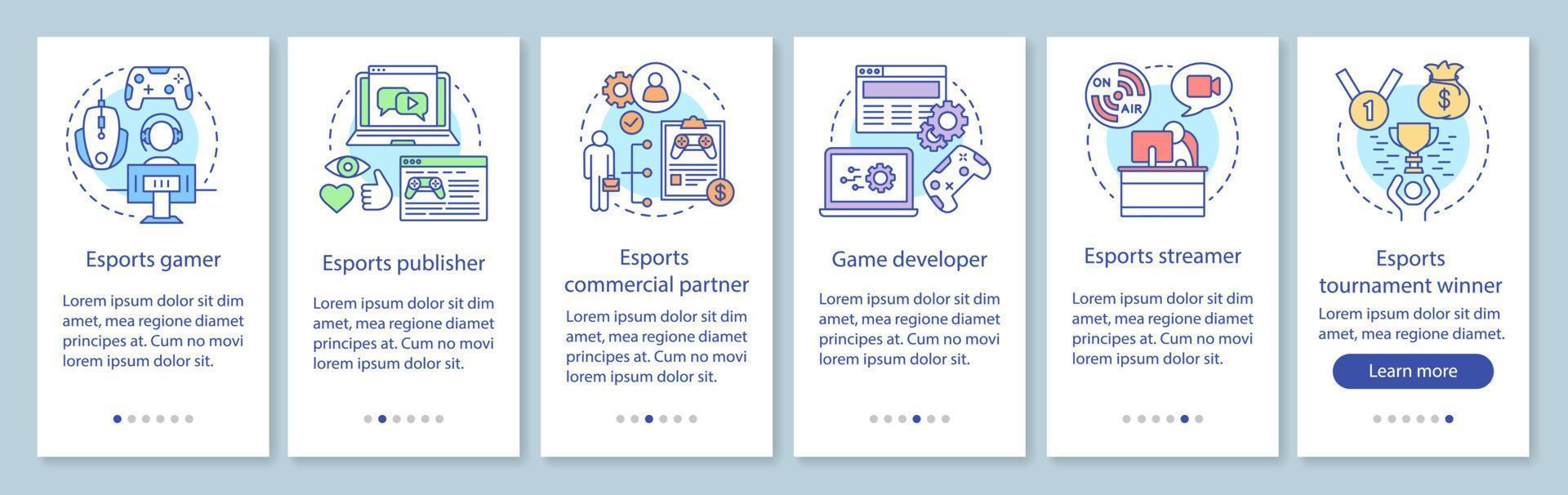 esports onboarding mobiler app-seitenbildschirm mit linearen konzepten. Wettbewerb für Videospiele. Gaming-Turnier-Walkthrough-Schritte mit grafischen Anweisungen. ux, ui, gui-vektorvorlage mit illustrationen vektor