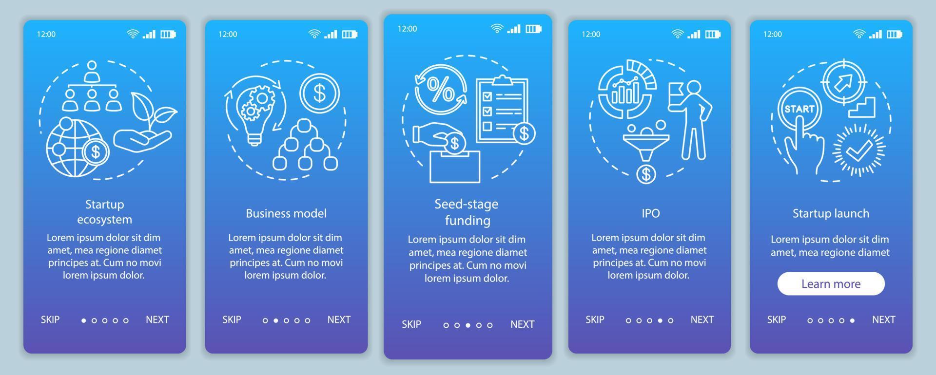 Startup-Investition beim Onboarding mobiler App-Seitenbildschirm-Vektorvorlage. Unternehmensfinanzierung, Budgetierung. Walkthrough-Website-Schritte mit linearen Illustrationen. ux, ui, gui smartphone-schnittstellenkonzept vektor