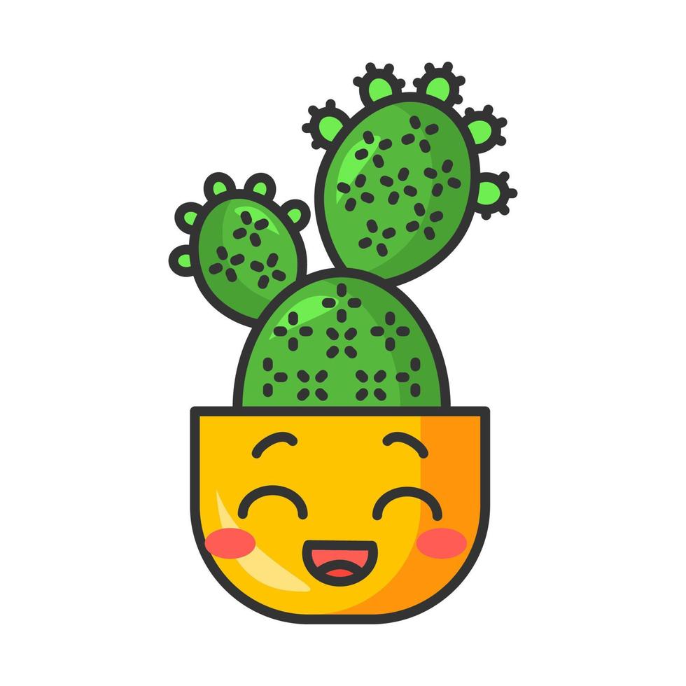 Kaktusfeige süße kawaii Vektorfigur. Kaktus mit lachendem Gesicht. verlegen Opuntia. Zuhause Paddelkakteen im Topf. mexikanische gespülte Pflanze. lustiges Emoji, Emoticon. isolierte karikaturfarbillustration vektor