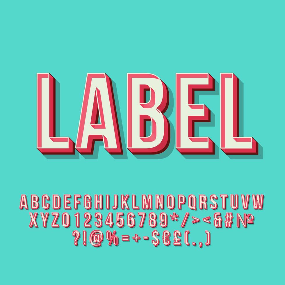 Label Vintage 3D-Vektor-Schriftzug. Retro Fettschrift. Pop-Art-stilisierter Text. buchstaben, zahlen, symbole im alten schulstil. 90er-Jahre-Poster, Banner, T-Shirt-Typografie-Design. blauer Hintergrund vektor