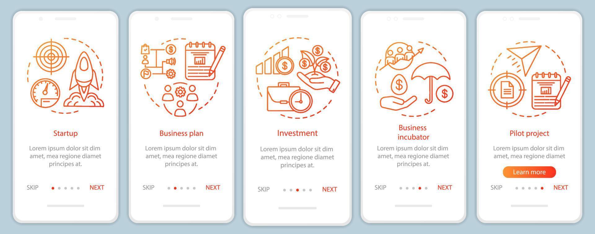 företagsindustrin onboarding mobil app sidskärm med linjära koncept. stadier av företaget skapa genomgångssteg grafiska instruktioner. ux, ui, gui vektormall med illustrationer vektor