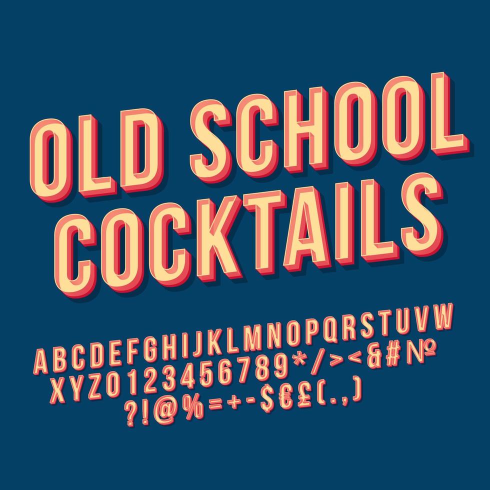 Oldschool-Cocktails 3D-Vektor-Schriftzug. retro fette schrift. Pop-Art-stilisierter Text. buchstaben, zahlen, symbole im vintage-stil. 80er-Jahre-Poster, Banner, Einladungstypografie-Design. blauer Hintergrund vektor