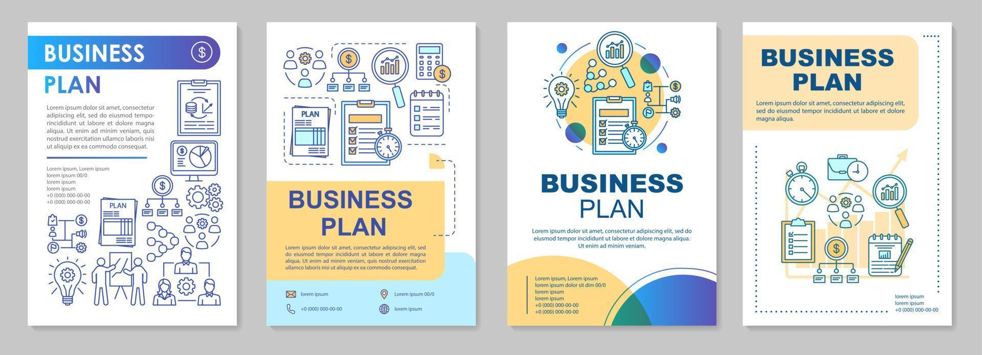 Businessplan-Broschüren-Vorlagenlayout. strategisches Management. flyer, broschüre, broschürendruckdesign mit linearen illustrationen. Vektorseitenlayouts für Zeitschriften, Geschäftsberichte, Werbeplakate vektor