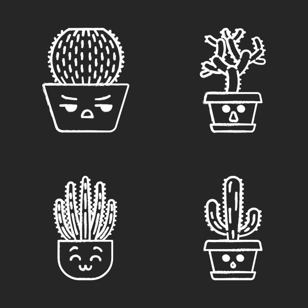 kaktusar krita ikoner set. växter med ledsna ansikten. arg fatkaktus. glada orgelpipskaktusar. tystlåten teddybjörn cholla. hemkaktusar i krukor. suckulenta växter. isolerade svarta tavlan vektorillustrationer vektor
