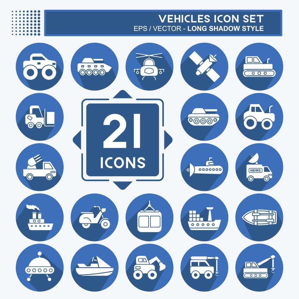 Icon-Set Fahrzeuge. geeignet für Bildungssymbol. langer Schattenstil. einfaches Design editierbar. Design-Vorlagenvektor. einfache Abbildung vektor