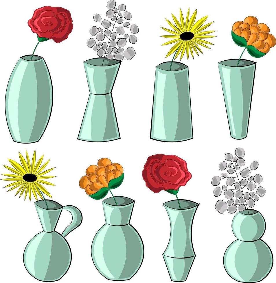 Set mit blauen Vasen und verschiedenen Blumen vektor