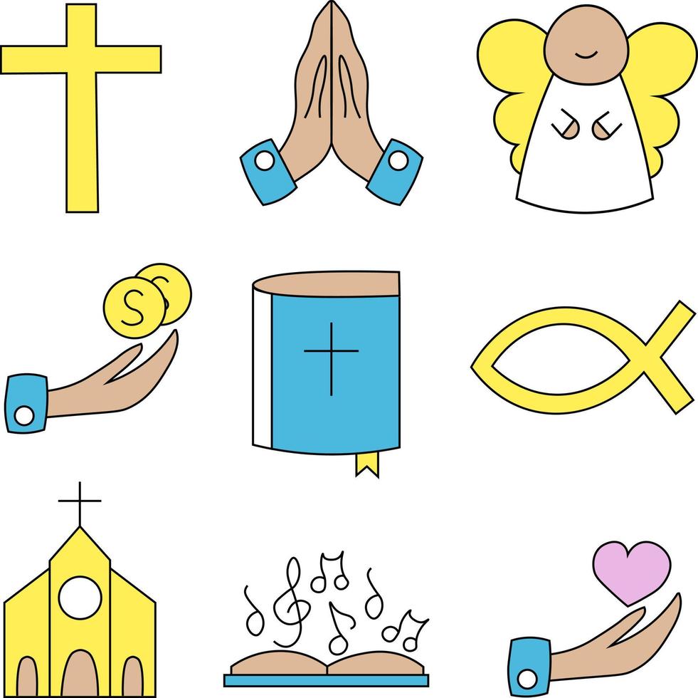 uppsättning religiösa ikoner i blått, gult och vitt vektor