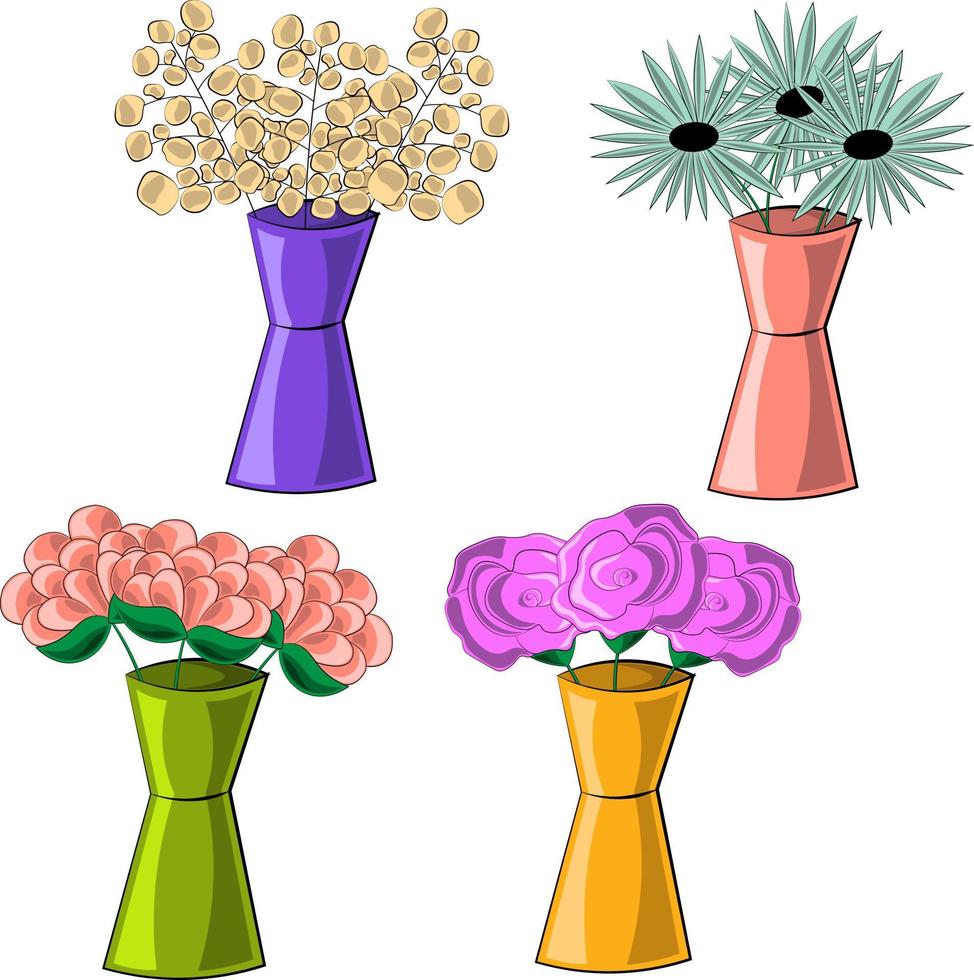 litet set med olika vaser och blommor vektor