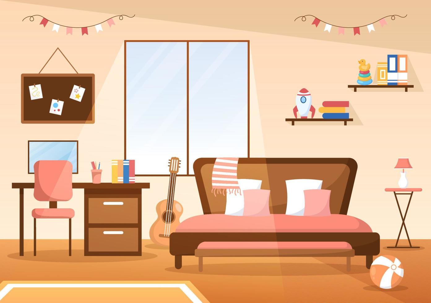 mysig barnsovrumsinredning med möbler som säng, leksaker, garderob, nattduksbord, vas, ljuskrona i modern stil i tecknad vektorillustration vektor