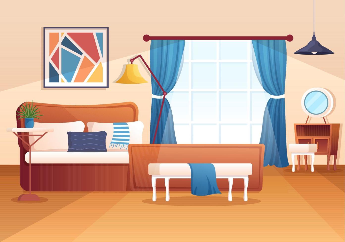 gemütliches schlafzimmerinterieur mit möbeln wie bett, kleiderschrank, nachttisch, vase, kronleuchter im modernen stil in karikaturvektorillustration vektor
