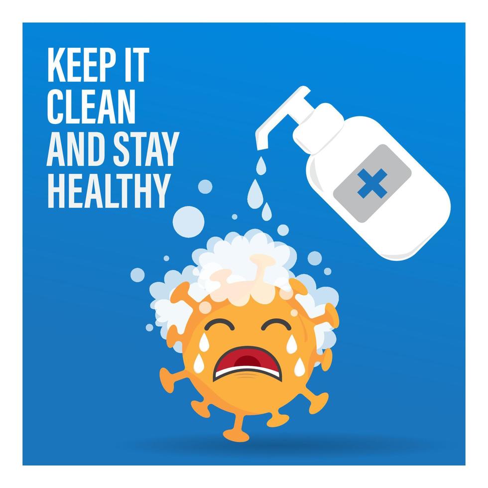 tvättar den gråtande coronavirusillustrationen med blå bakgrund. håll det rent och håll dig frisk. förebyggande av sjukdomar. råd för allmänheten relaterade till 2019-ncov eller covid 19 vektor