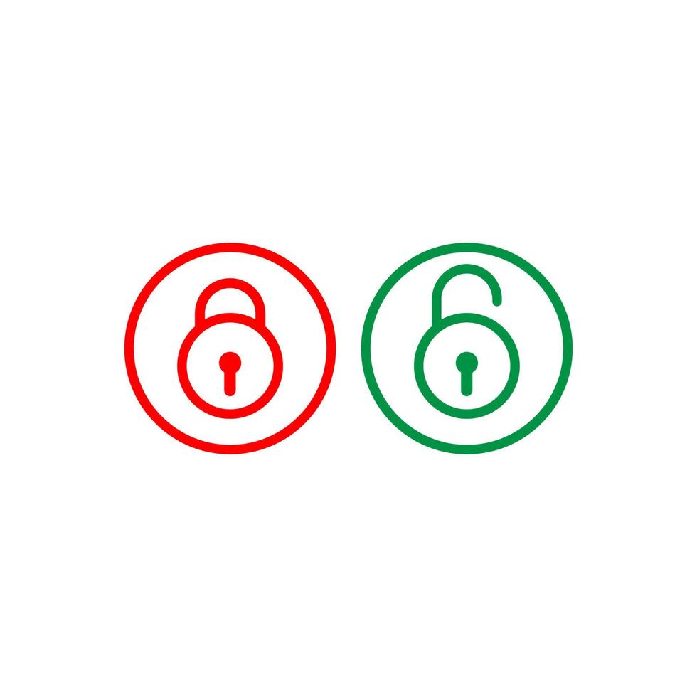 lås upplåsningskontursymbol. säkerhetsdesignelement. hänglås vektor illustration. skydd symbol isolerad på vit bakgrund. röd och grön färg