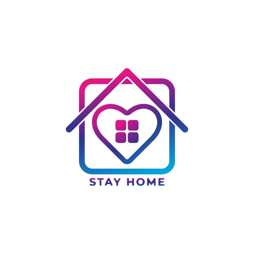 buntes Stay-Home-Logo-Design isoliert auf weißem Hintergrund. Heimat und Herz veranschaulichten den Schutz und die Liebe. Stoppen Sie die Ausbreitung des Coronavirus. Covid-19 bekämpfen. blau lila Magenta Abstufungsfarbe vektor