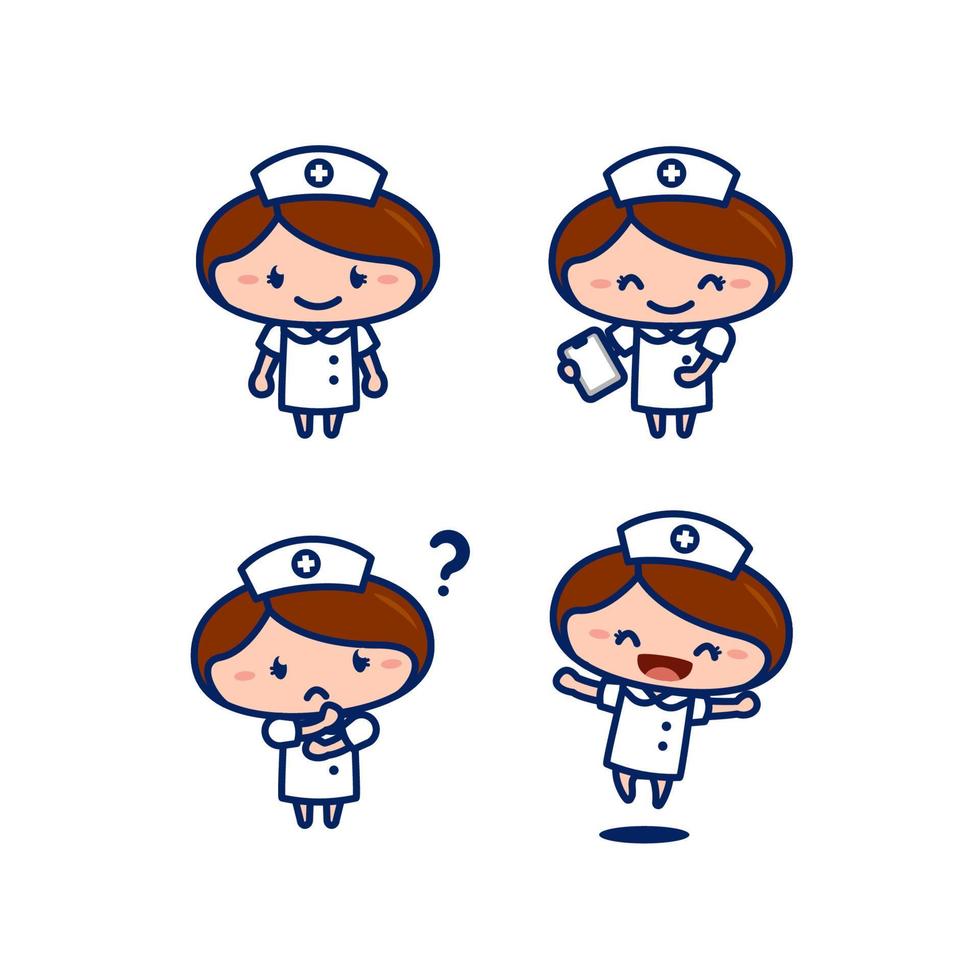 söt kvinnlig sjuksköterska medicinsk personal seriefigur i chibi stil set vektor