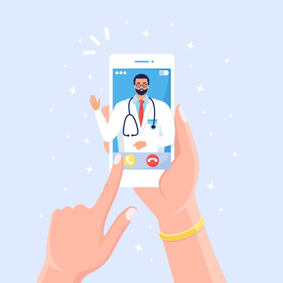 Online-Arzt. Virtuelle Medizin. Verwendung einer mobilen App für den Anruf beim Arzt. frage mediziner. Gesundheitsberatung, Diagnose. Hand halten Handy isoliert auf weißem Hintergrund. Vektor-Cartoon-Design vektor