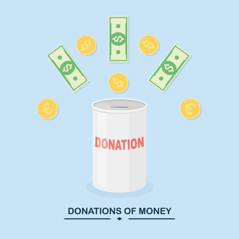 donationslåda, burk med dollarkontanter, mynt. donera, ge pengar, välgörenhet, volontärarbete koncept. vektor design