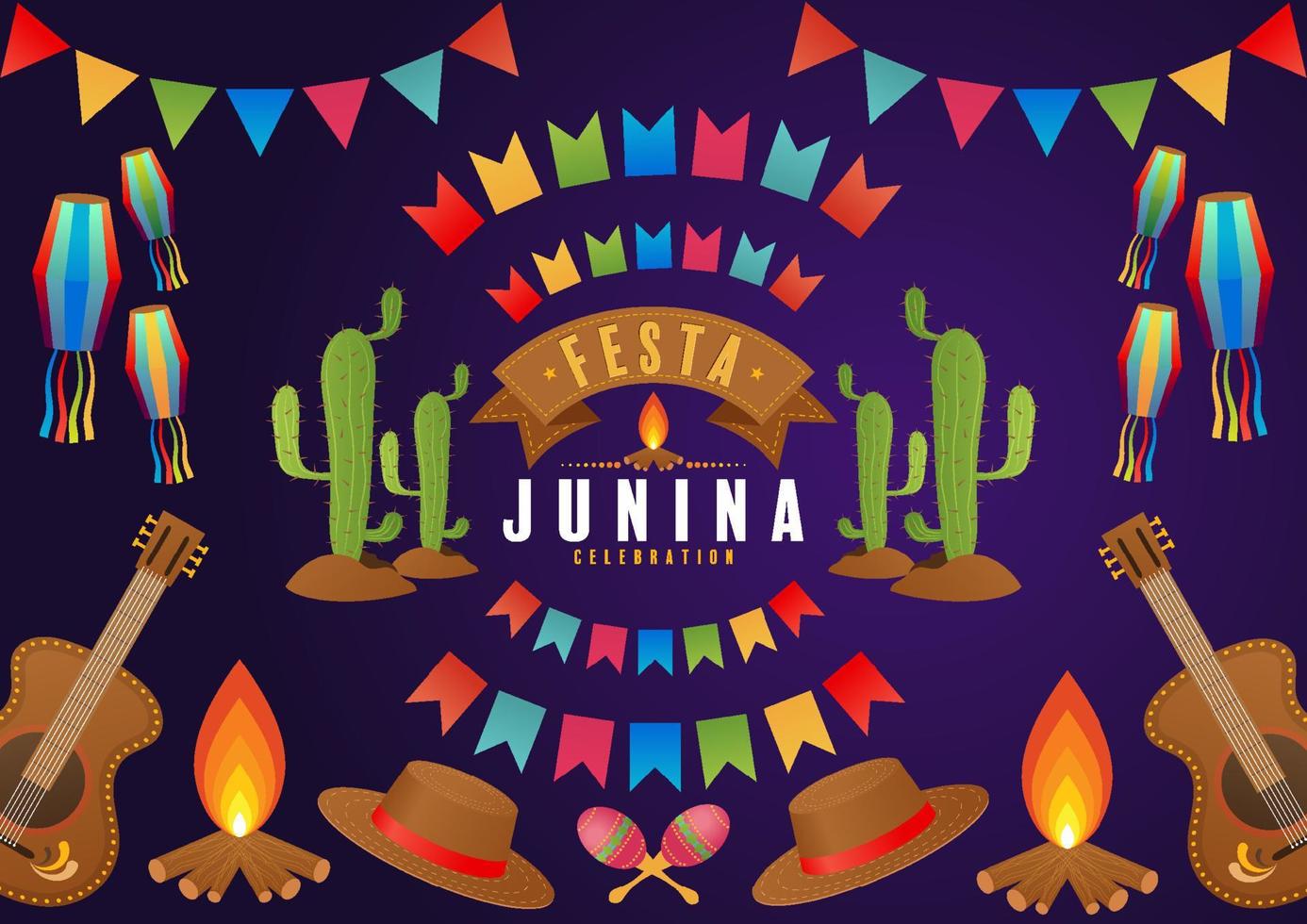 festa junina affisch juni festival. folklore semester gitarr dragspel kaktus sommar solros lägereld. vektor