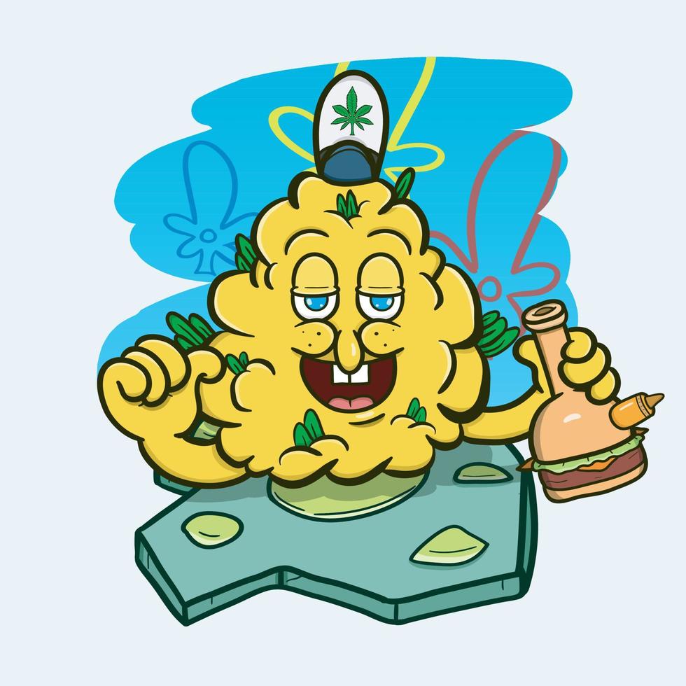 tecknad maskot av gul ogräs knopp med glas bong. vektor och illustration