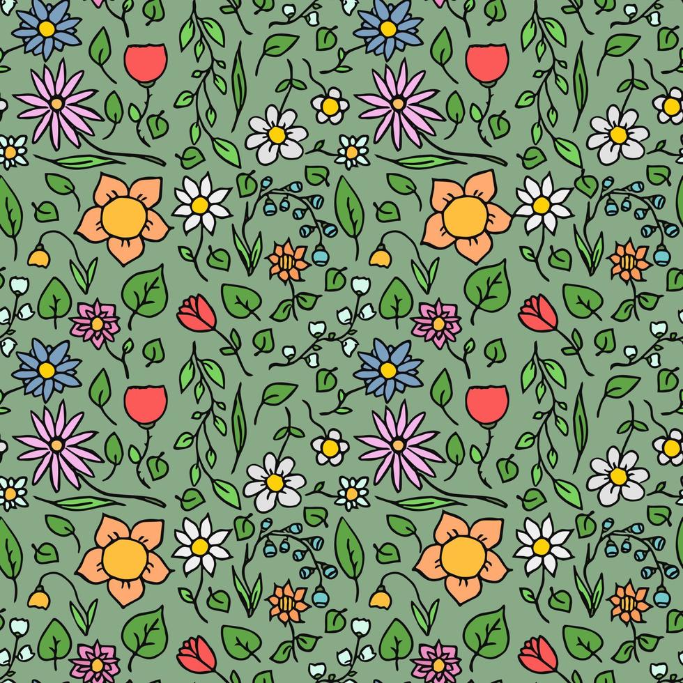 färgfull sömlös blommig vektor mönster. doodle vektor med blommönster på grön bakgrund. vintage blommönster