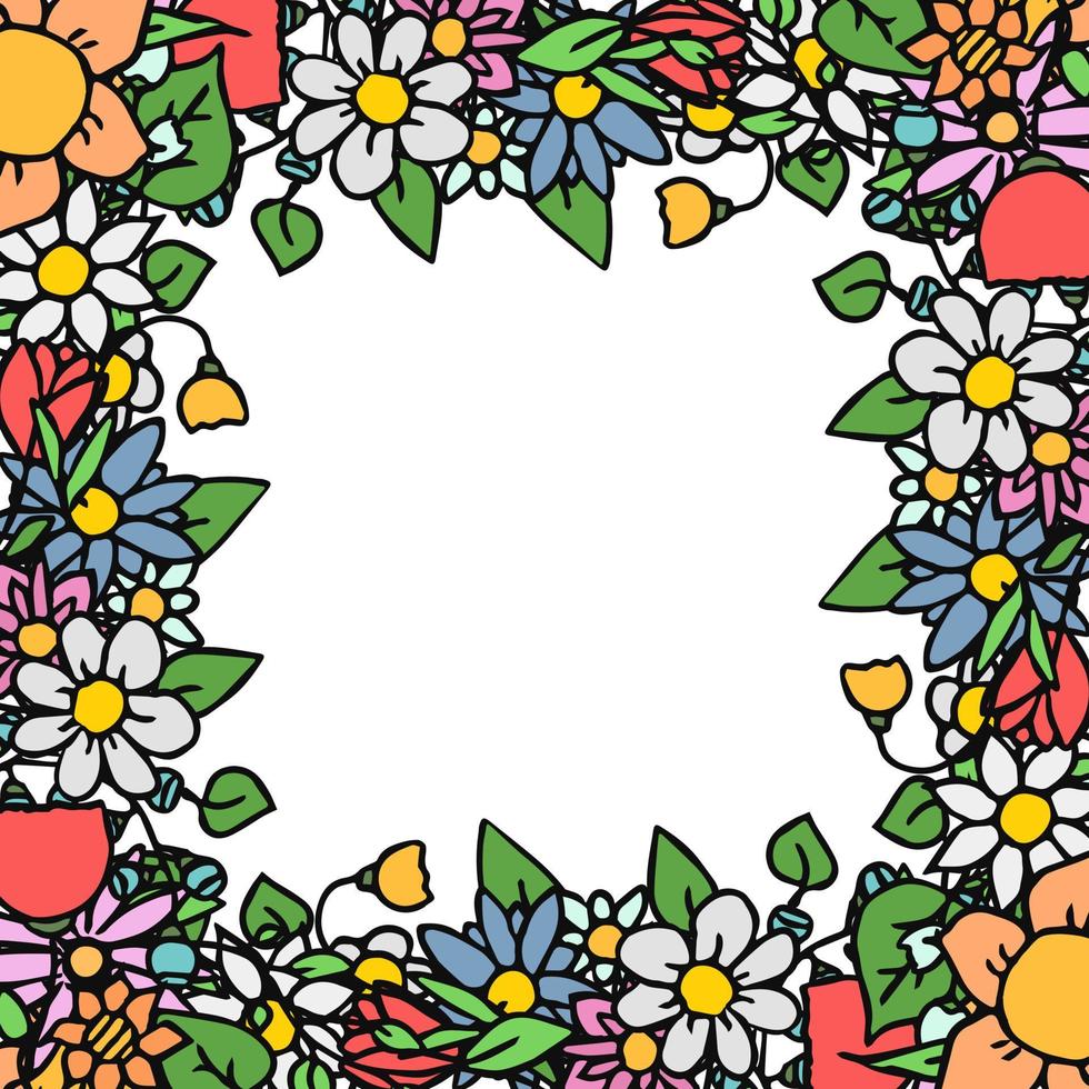 farbige Vektorblumensymbole mit Platz für Text. Gekritzelvektorrahmen mit Blumenikonen vektor