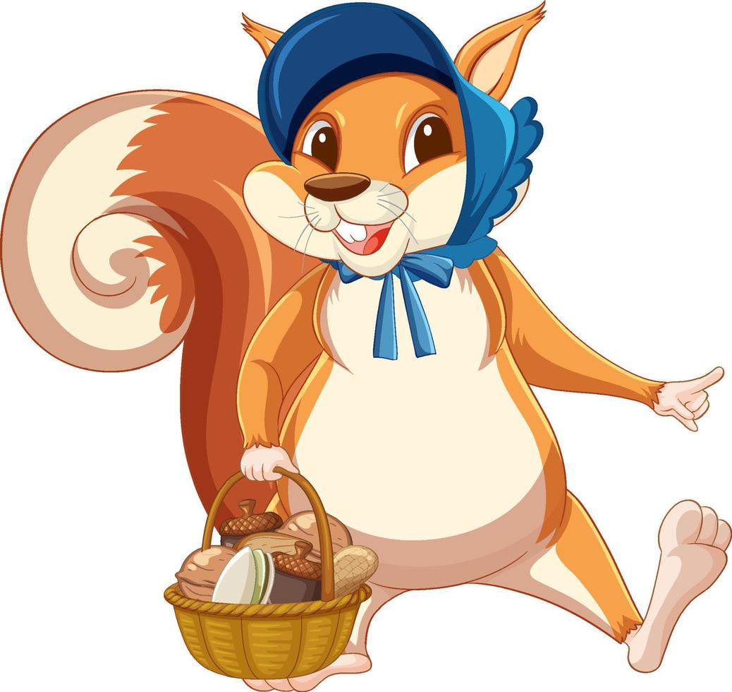 niedliches Cartoon-Eichhörnchen, das einen Korb auf weißem Hintergrund trägt vektor