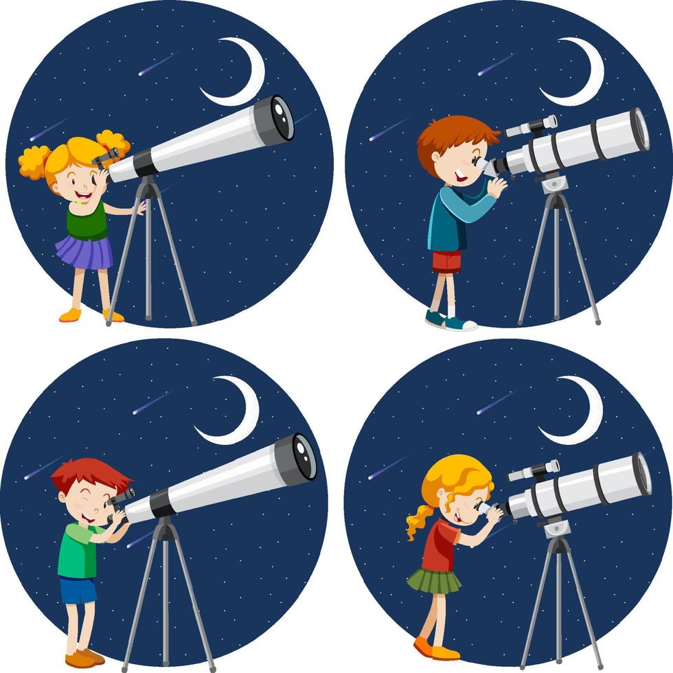 uppsättning av olika barn tittar genom teleskop på natten vektor