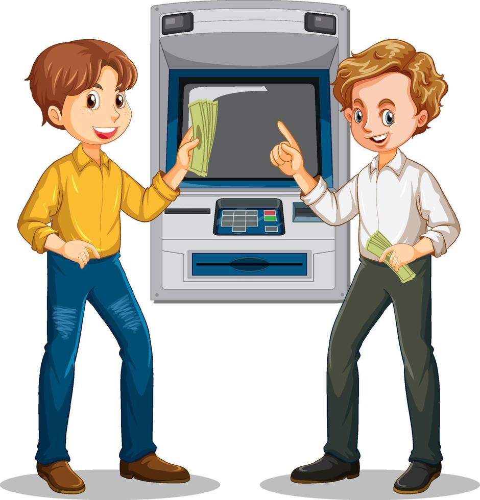 Zwei Männer heben Geld vom Geldautomaten ab vektor
