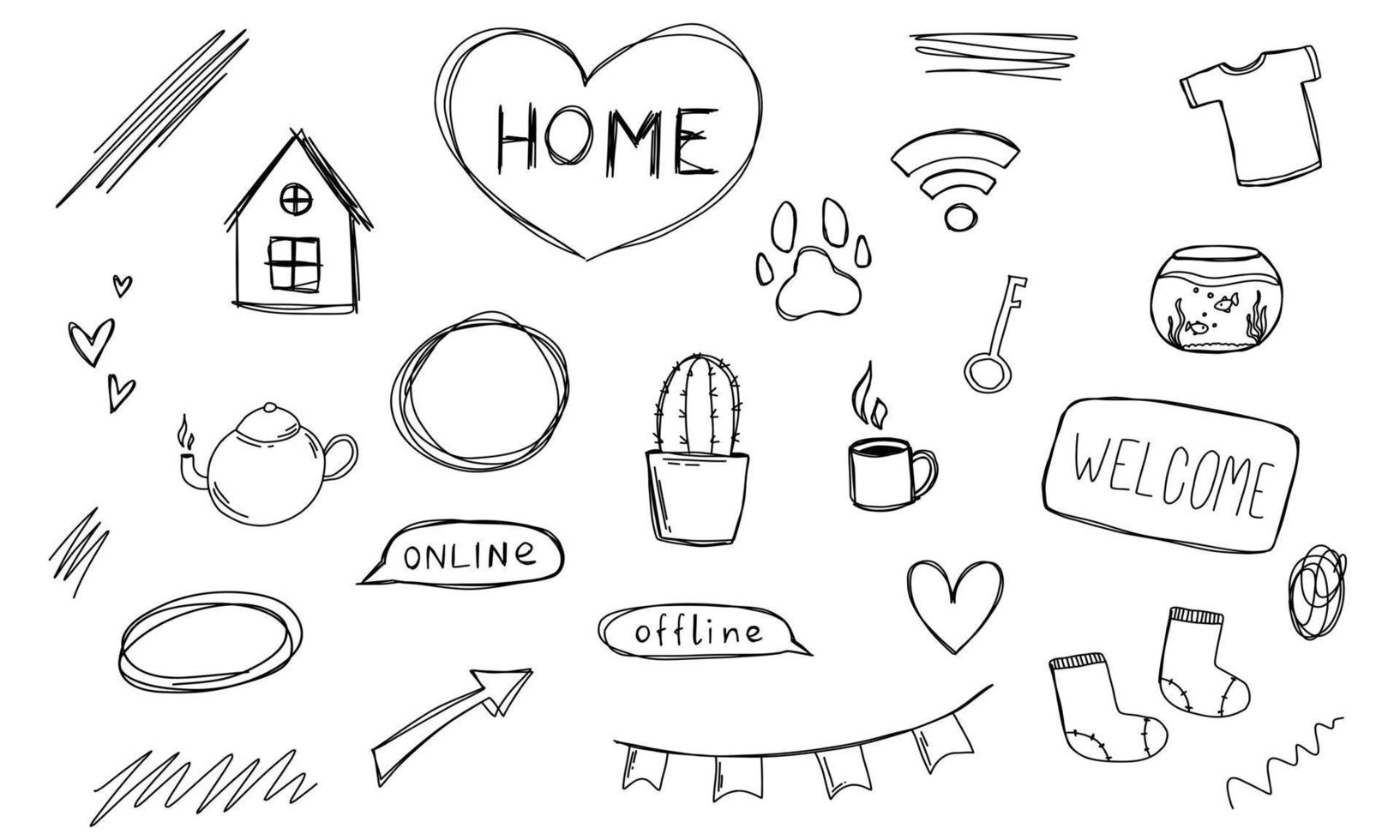 doodle hjärtan, gren, katt, kvinna, välkommen hem text. skiss set söt isolerad linje handritad samling. vektor