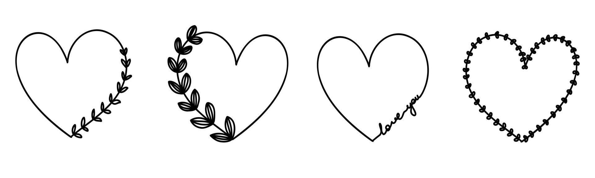 Gekritzelherzrahmen stellten Liebe Sie Texthand gezeichnet ein. valentinstag für hochzeit isolierte pflanzensammlung. vektor